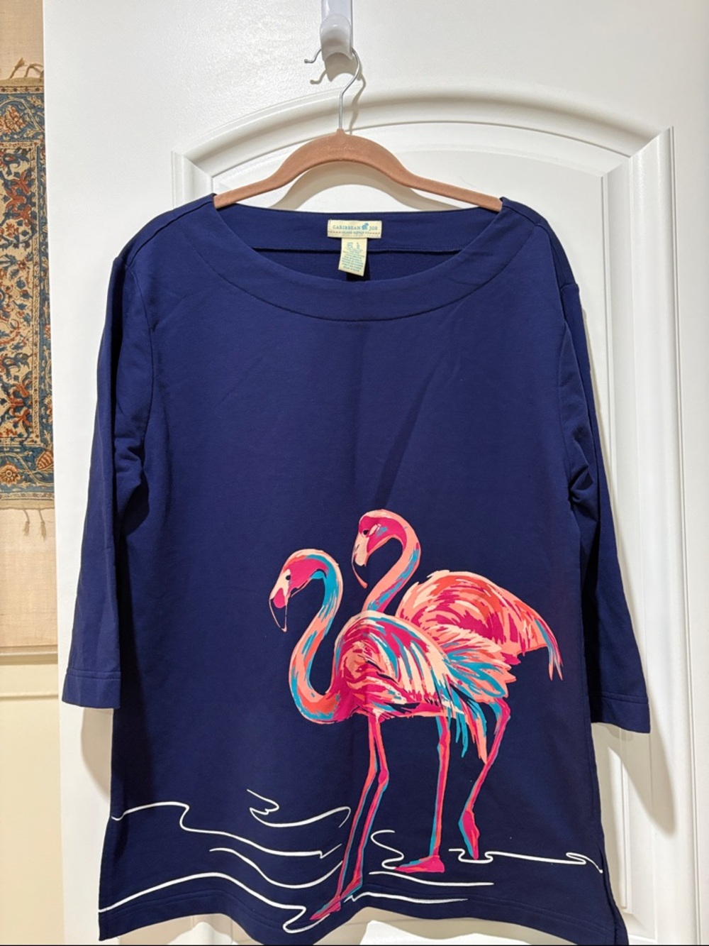 Caribbean Joe Navy Top with Pink & Teal Flamingo Print - Picture 9 of 14